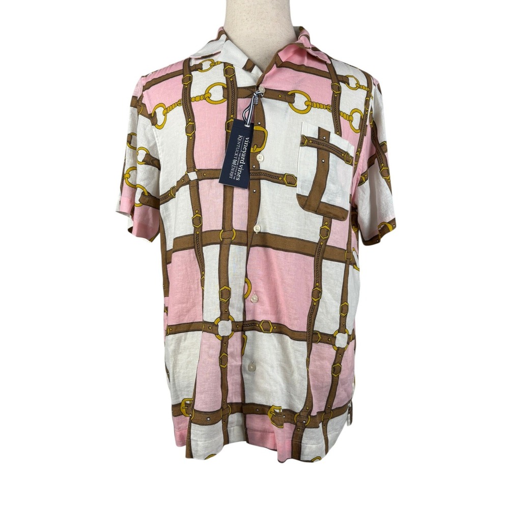 Vineyard Vines Kentucky Derby Cabana Shirt Mens M Pink Bridle Plaid Linen NWT